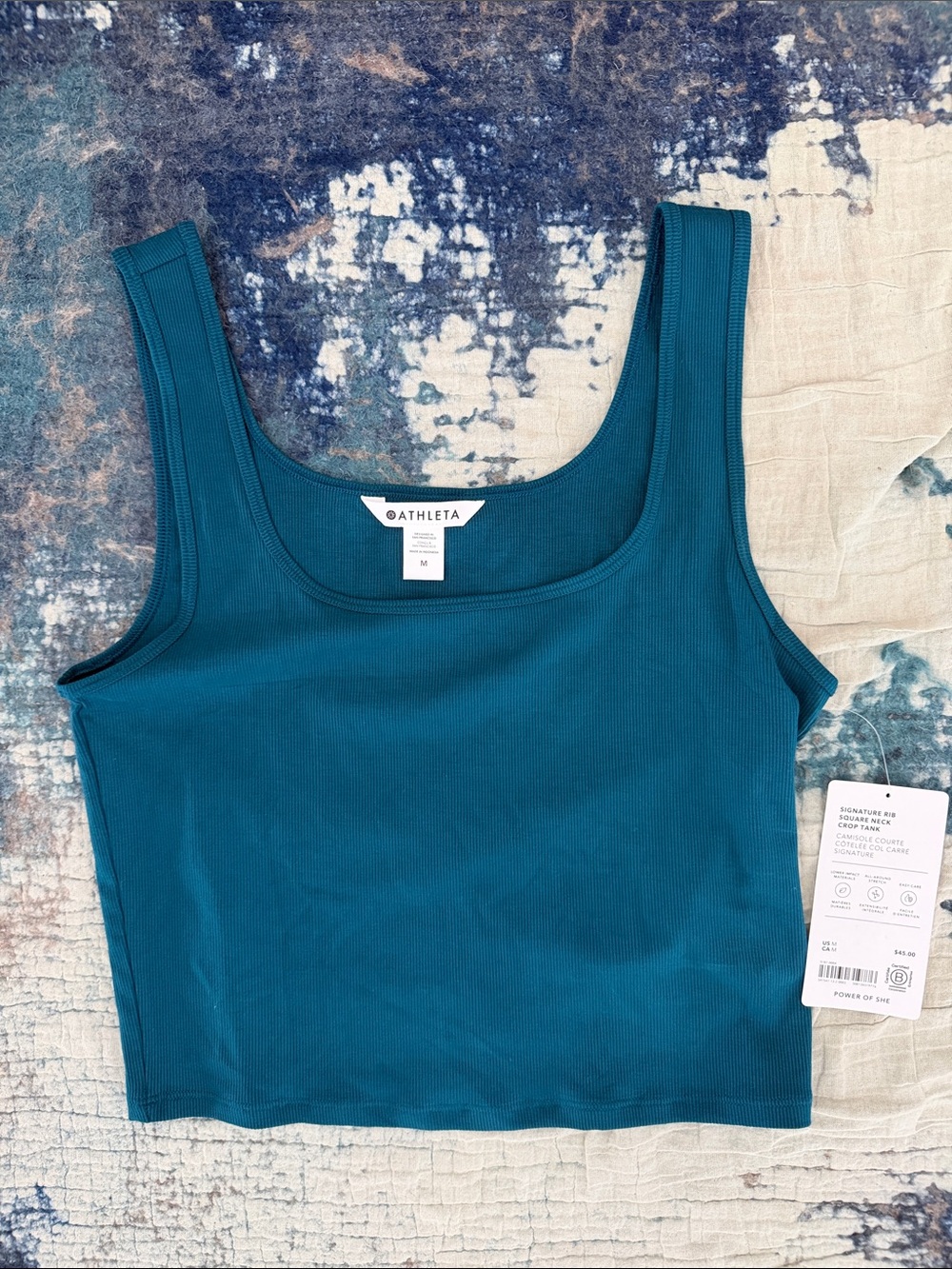Athleta Signature Rib Square Neck Crop Tank | Blue | NWT | M
